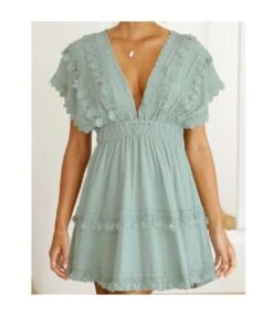 Deep V Neck Backless Lace Fringed Pleated Sexy Lace Up Wholesale Dresses SD220048