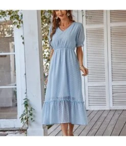 Elegant V Neck Flocking Midi Dress Short Sleeve Solid Color High Waist Wholesale Dresses SDN560431