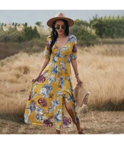 Sexy Deep V Floral Swing Dress Short Sleeve Slim Drawstring High Slit Vacation Wholesale Dresses SDN560326 -DivaLook Shop 604953e6 113f 4a8c beda aa08320f4a7b 37af1ee19ef9b0baac2735acd64586cb