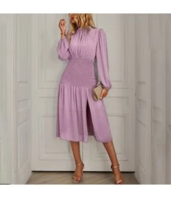 Slit Lantern Sleeve Slim Pleated Solid Color Temperament Midi Dress Wholesale Dresses SDN538027