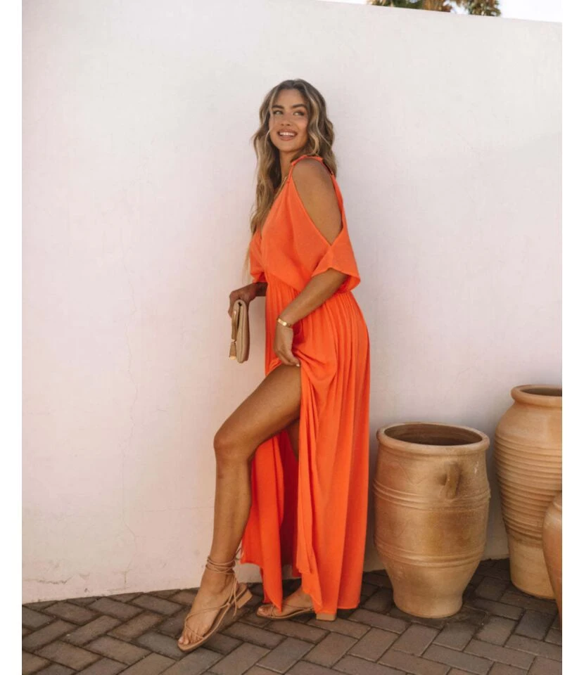 Women Cold Shoulder V Neck Plain Color Pleated Slit Hem Wholesale Swing Dresses SDN580889 9 Women Cold Shoulder V Neck Plain Color Pleated Slit Hem Wholesale Swing Dresses SDN580889 - Image 7