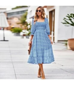 Printed High Waist Square Collar 3/4 Sleeve Flowy Dress Wholesale Dresses N5323021300017 -DivaLook Shop 616e95b9733f4b11ad3dafa9011a2bf3 4