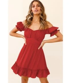 Solid Color Puff Sleeve Ruffles Off Shoulder Tied Rope Vacation Dress Wholesale Dresses SD203764 -DivaLook Shop 63487b5f 9d73 4944 b5c3 b149239646ea EE8EF38D4651DCE9EE78B4C96977BC71