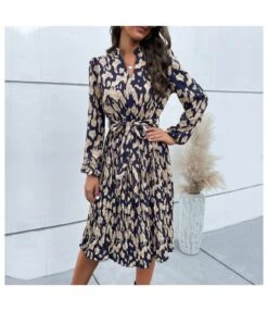 Printed Long Sleeve Tie-Up Casual Swing Pleated Dress Wholesale Dresses SDN538421