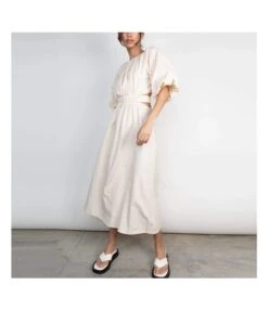 Backless Lace-Up Cut-Out Short Puff Sleeve Round Neck Pleated Casual Retro Dress Wholesale Dresses N5323021500001