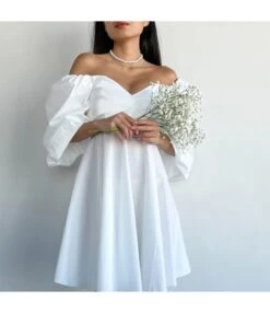 Sexy Strapless High Waist Bubble Sleeve Solid Color A-Line Mini Dress Wholesale Dresses SDN562843