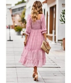 Printed High Waist Square Collar 3/4 Sleeve Flowy Dress Wholesale Dresses N5323021300017 -DivaLook Shop 6f1cf605100441659509afa9011a2be5