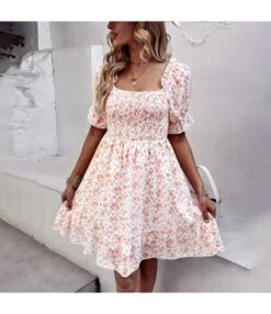 Fashion Chiffon Square Collar Floral Mini Swing Dress Loose High Waist Petal Sleeve Wholesale Dresses SDN560437
