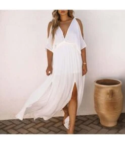 Women Cold Shoulder V Neck Plain Color Pleated Slit Hem Wholesale Swing Dresses SDN580889