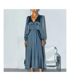 Elegant Deep-V Neck Lantern Sleeve Banquet Long Satin Dress Wholesale Dresses N5323021400225