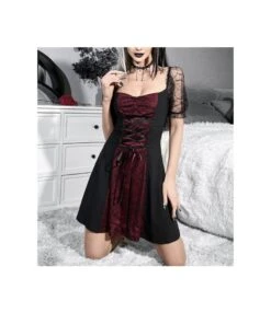 Dark Punk Tie Square Neck Mesh See-Through Short-Sleeved Dress Wholesale Dresses N4623071300007
