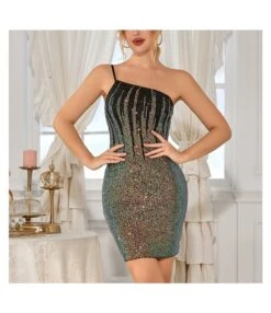 Fashion One Shoulder Sexy Cover Hip Evening Gown Sequin Dress Wholesale Dresses SDN538924