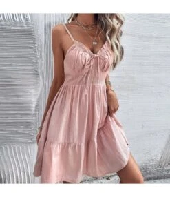 Women Plain Sleeveless Spaghetti Strap V Neck Pleated Wholesale Swing Dresses SD580171