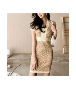 Sexy V-Neck Patchwork Jacquard Knitted Short Sleeve Slim Mini Dress Wholesale Dresses SD5117373