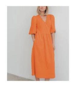 Fashion Puff Short Sleeve Pleated Design Wrap Dress Wholesale Women Clothing SDN360790