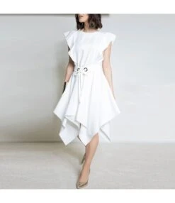 Fashion Square Neck Ruffle Sleeve Dress Solid Color Irregular Wholesale Dresses With Belt SDN560090