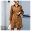 Corduroy Lapel Shirt Dress With Belt Long Sleeve Single-Breasted Midi Wholesale Dresses SDN561442