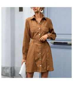Corduroy Lapel Shirt Dress With Belt Long Sleeve Single-Breasted Midi Wholesale Dresses SDN561442
