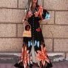 Casual V-Neck Print Maxi Dress Single-Breasted Long Sleeve Resort High Slit Wholesale Dresses SDN560693