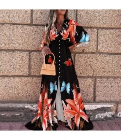 Casual V-Neck Print Maxi Dress Single-Breasted Long Sleeve Resort High Slit Wholesale Dresses SDN560693