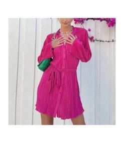 Fashion Long Sleeve Tie-Up Waist Pleated Shirtdress Wholesale Shirt Dresses SDN538370