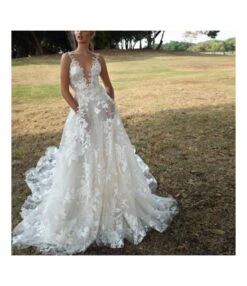 Lace Stitching Embroidery Deep V Sling Wide Swing White Wedding Dress Wholesale Maxi Dresses SDN533601