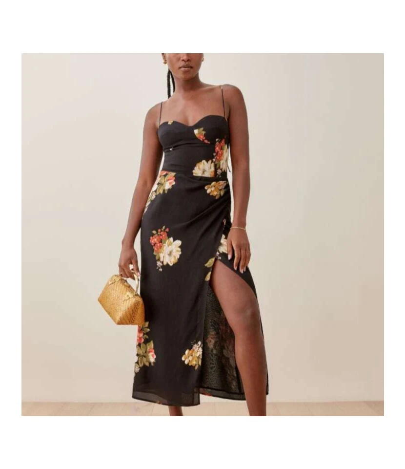 Floral Print Sling Backless Vintage Sundresses Chiffon Slit Midi Dress Wholesale Dresses SDN532604