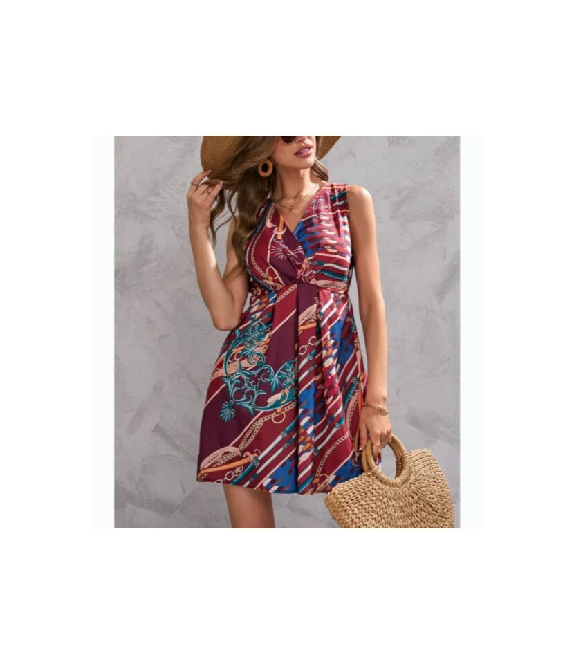 Fashion Printed V Neck Sleeveless High Waist Tank Dress Wholesale Dresses SDN533525 3 Fashion Printed V Neck Sleeveless High Waist Tank Dress Wholesale Dresses SDN533525