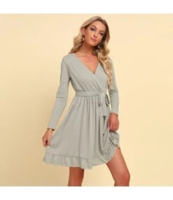 Women Plain Color Long Sleeve V Neck Tie Waist Wholesale Swing Dresses SDN580521 -DivaLook Shop 8786cd54 b4b1 4382 8da3 c252786eae9b a109b30794d7d81c8a3aa90ba5c94c96