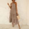 Floral Print Crossover Halterneck Open Back Big Swing Smocked Dress Vacation Wholesale Dresses SDN532624