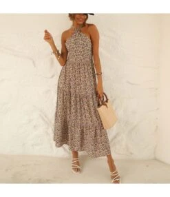 Floral Print Crossover Halterneck Open Back Big Swing Smocked Dress Vacation Wholesale Dresses SDN532624