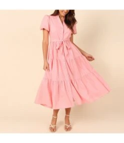 Summer Solid Color Simple Short Sleeve V-Neck Lace-Up Smocked Dress Wholesale Dresses N5323031600444