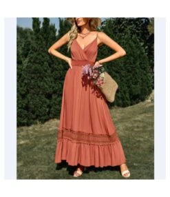 Sexy Solid Color Waist V-Neck Vacation Suspender Swing Dress Wholesale Maxi Dresses SDN539148