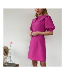 Casual Doll Neck Puff Sleeve A-Line Mini Dress High Waist Solid Color Wholesale Dresses SD58854