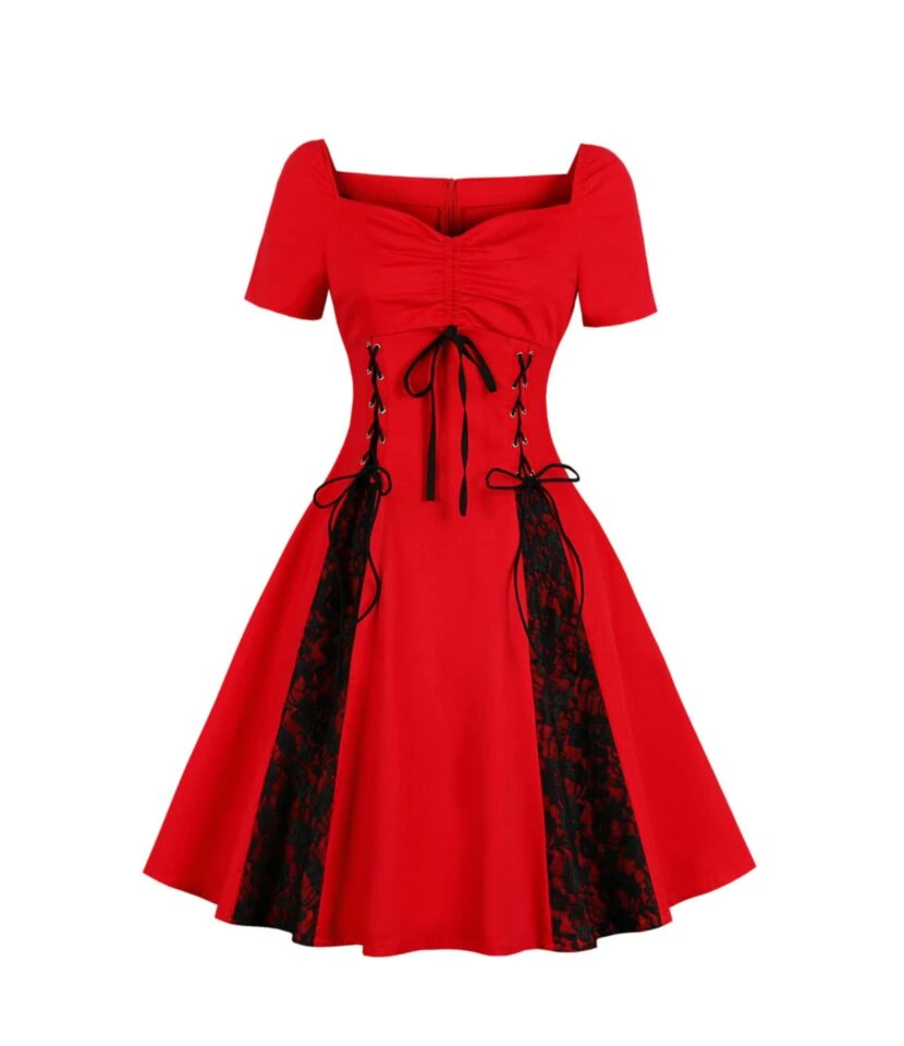 Gothic Sexy Off-Shoulder Lace Swing Dress Short Sleeve Lace-Up Wholesale Dresses SDN562435