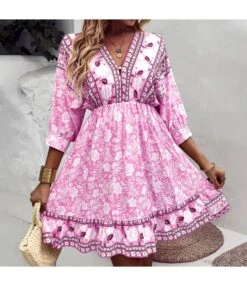 Fashion Print V Neck Swing Dress Casual Loose Backless Lace-Up Short Sleeve Wholesale Dresses