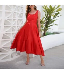 Women Strappy Sleeveless Big Swing Solid Color Wholesale Red Dresses SDN580812