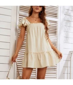 Women Fashion Cap Sleeve Square Neck Bownot Wholesale A Line Dresses SD204377
