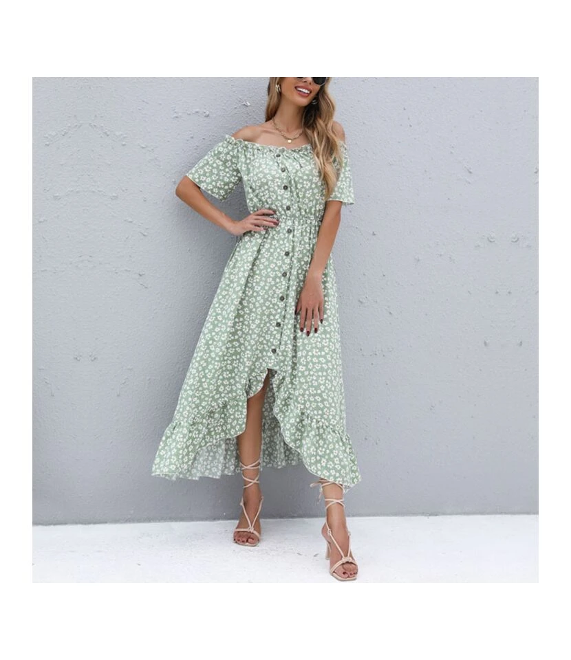 Women Fashion Short Sleeve Off Shoulder Irregular Ruffle Hem Wholesale Floral Dresses SD203707