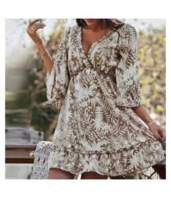 Sexy Deep V Print Ruffle Dress Short Sleeve Loose Wholesale Dresses SDN560603