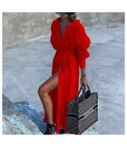 Solid Color Fashion Long Sleeve Mid Length Wholesale Shirt Dresses Valentine'S Day SD202522