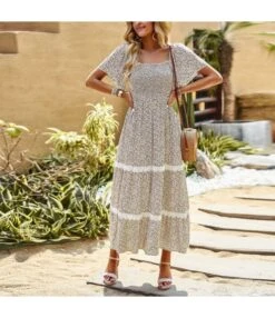 Elegant Ruffle Sleeve Floral Print Strapless Collar Long Dress Wholesale Dresses V5923041200046