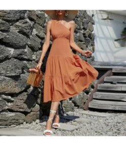 Fashion Solid Color High Waist Slanted Shoulder Smocked Dress Midi Casual Wholesale Dresses SD168401