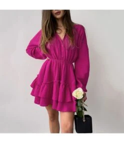 Button-Down Long-Sleeve Commuter Simple Fashion Lantern Sleeve Cake Dress Wholesale Dresses N462023021400186