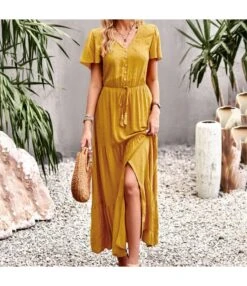 Casual Solid Color Fly Fly Sleeve V-Neck Button High Waist A-Line Dress Wholesale Dresses V5923050300046 -DivaLook Shop O1CN013G7yNq1wuayIqjX69 3267756368 0 cib