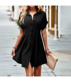 Button-Down Slim-Fit Short-Sleeved Elegant Commuter A-Line Dress Wholesale Dresses N463123032300203