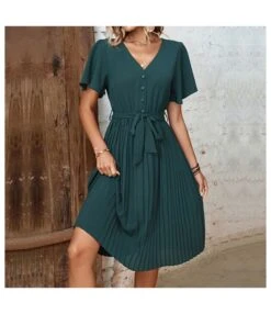 Commuting Short-Sleeved Solid Color Pleated V-Neck Dress Wholesale Dresses N461623030900084 -DivaLook Shop O1CN018woqG82FsHf6ncHjE 2502018935 0 cib