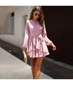 Temperament Solid Color V-Neck High Waist Tie Long Sleeve Dress Wholesale Dresses N5923080800002 -DivaLook Shop O1CN019DUJA31ND4pNQUCaf 2425141535 0 cib 4