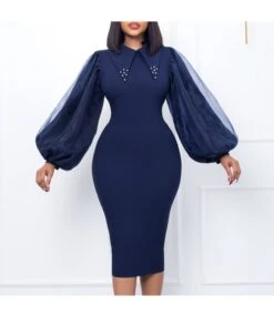 Fashion Bubble Sleeve Beaded Pointed Collar Mesh Splicing Hip Pencil Skirt Wholesale Dresses V5923050500015 -DivaLook Shop O1CN01A8CFUD26UccrbJbQT 4225457665 0 cib 6