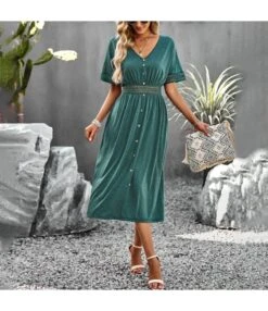 Casual Short-Sleeved Single-Breasted Solid Color V-Neck Long Dress Wholesale Dresses V5923050300060 -DivaLook Shop O1CN01Bq256X1wuaykOor8I 3267756368 0 cib